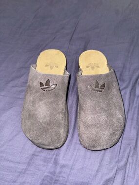 adidas Gray Suede Slip-On Mules with Trefoil Cutout